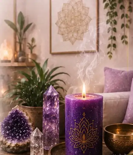 Sala harmonizada com vela, cristais e plantas